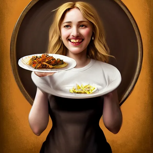 Prompt: epic portrait an poster showing an waitress holding a plate of food and smilling, curly blonde hair, pretty face, glossy skin, digital painting, artstation, concept art, soft light, hdri, smooth, sharp focus, illustration, fantasy, intricate, elegant, highly detailed, D&D, matte painting, in the style of Greg Rutkowski and Alphonse Mucha and artemisia, 8k, highly detailed, jurgens, rutkowski, bouguereau, pastoral, rustic, georgic