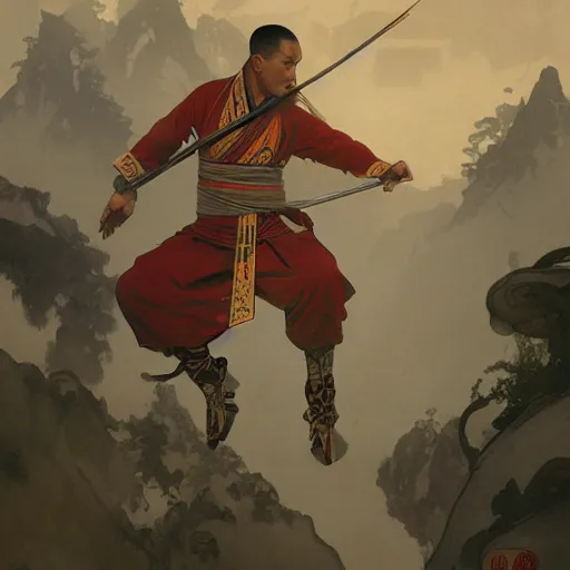 Image similar to Concept art, A Chinese kung fu master, 8k, alphonse mucha, james gurney, greg rutkowski, john howe, artstation