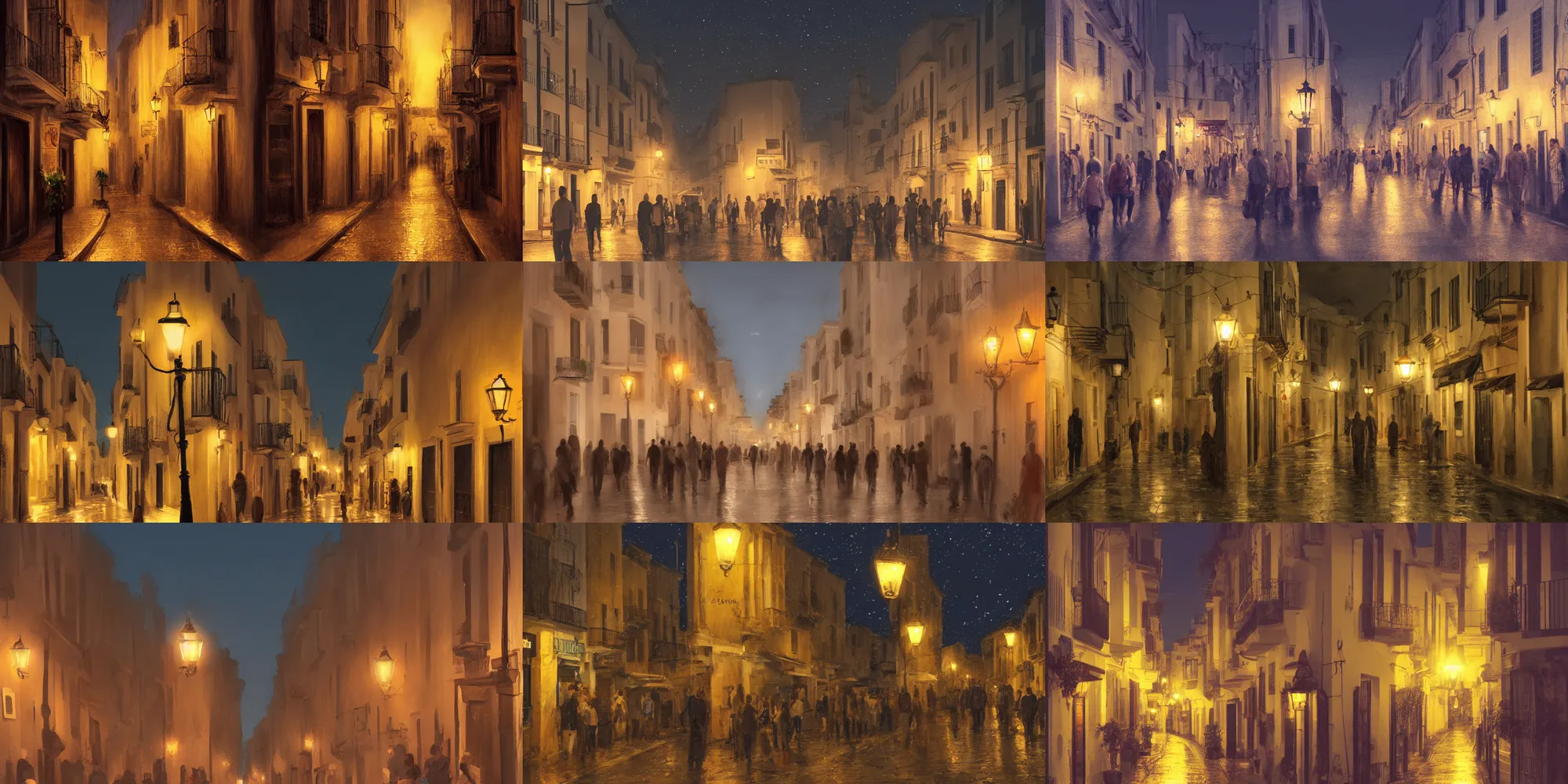 Prompt: cadiz street at night, andalucia, cozy, crowded, street lights everywhere, 8K, trending on artstation, golden ratio, rule of thirds, low key, establishing shot, extremely high detail, concept art