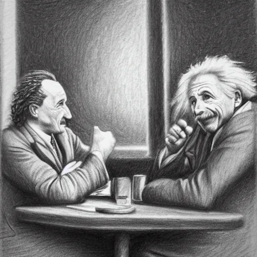 Image similar to Einstein and Tesla sitting at cafe, pencil drawing, ultra detailed