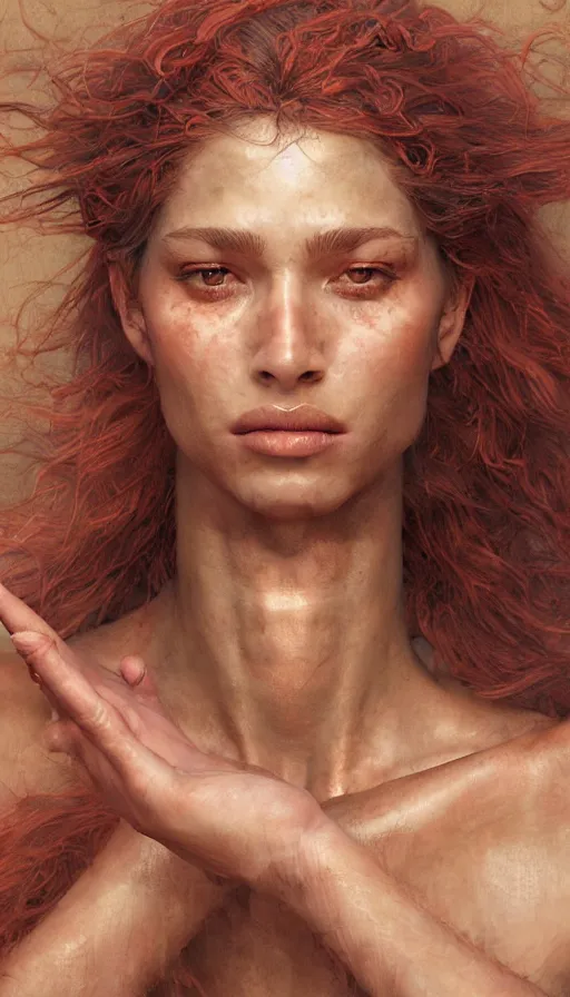 Image similar to epic masterpiece portrait sand legends, sweaty skin, hyperrealistic, octane render, cinematic, beautiful face and flawless skin, perfect hands, 5 fingers, ruby, by Edgar Maxence and Ross Tran and Michael Whelan, Legends of Runeterra