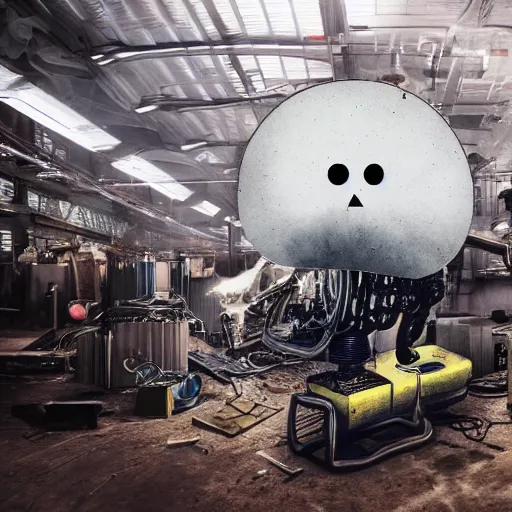 Image similar to a ghost surrounded in mechanical devices and metal sheets