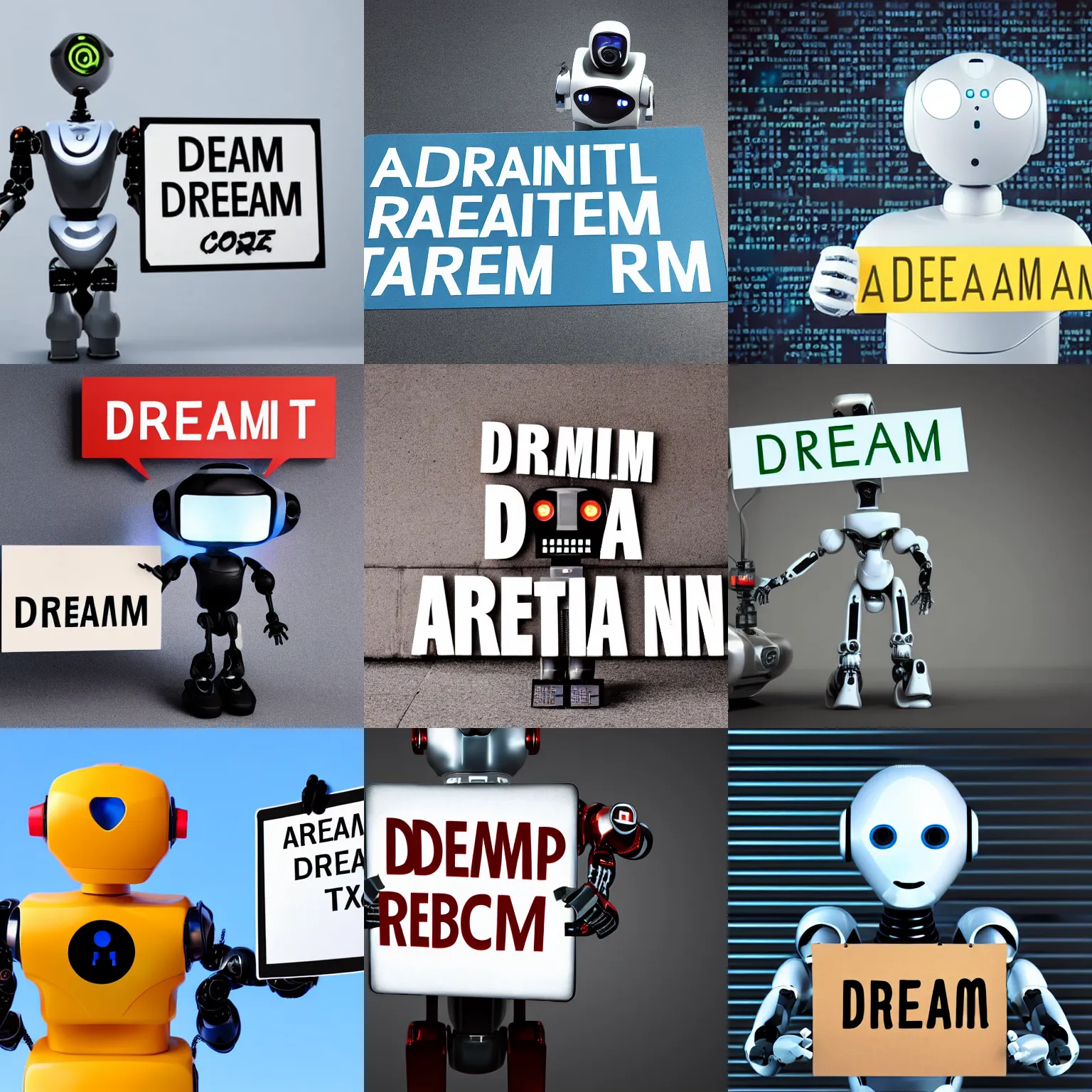 Prompt: artificial intelligence robot holding a sign with text that reads : dream