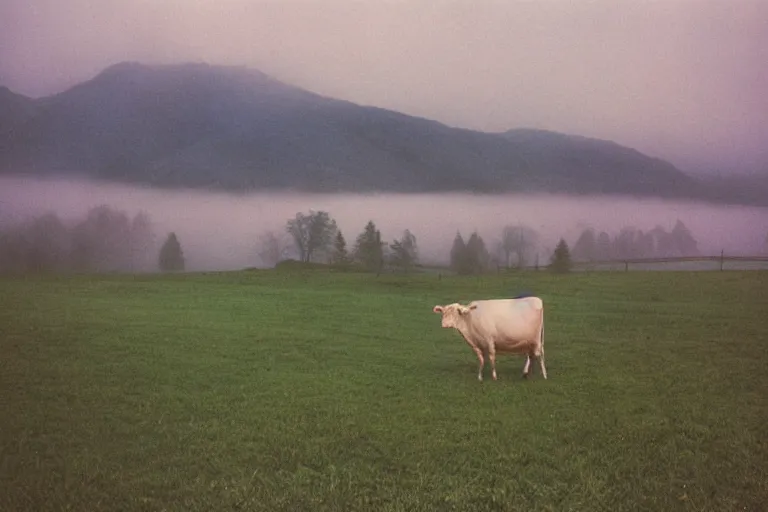 Image similar to film color photography, cow in the blue fog at the lawn, mountains in distance, 35mm