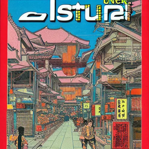 Image similar to 1979 magazine cover depicting a futuristic Japanese village at street level. Art in the style of Moebius, cyberpunk, masterpiece