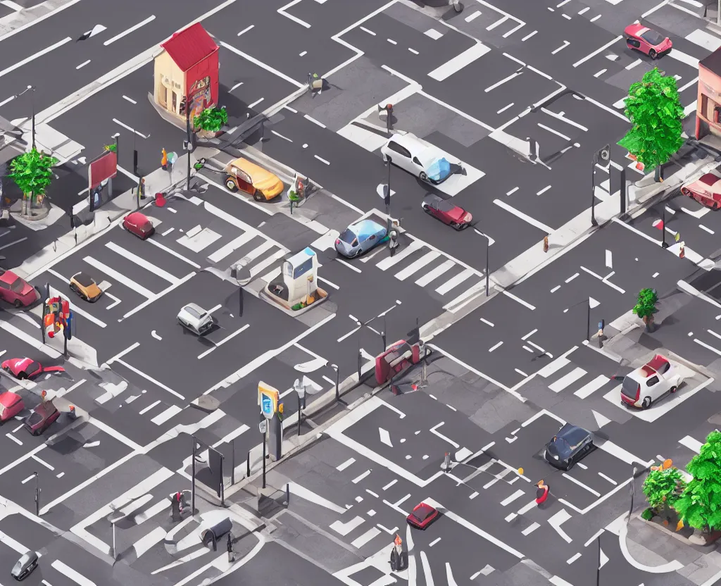 Prompt: cute street corner with shops, cars and pedestrians, isometric view, octane 3d, ray tracing, volumetric lighting