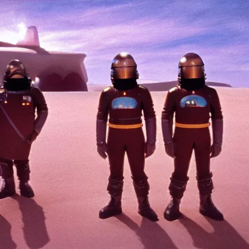 Image similar to Jodorowsky's Dune movie, guards in colorful uniforms with helmets, cinema still, photo realistic, wide angle, 8k, cinestill 400t film