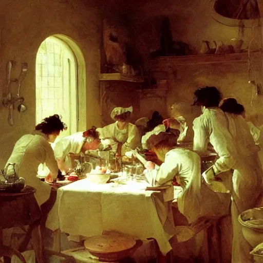 Image similar to a busy kitchen full of chefs, by mead schaeffer and jean - honore fragonard