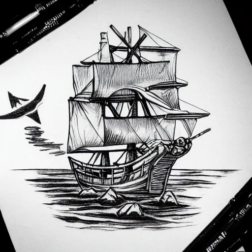 Image similar to pirate ship on a deserted island, realism tattoo drawing