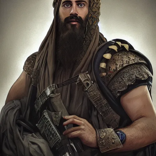 Image similar to Ter Stegen as Osama Bin Laden, Barcelona and Germany goalkeeper, D&D, fantasy, intricate, elegant, highly detailed, digital painting, artstation, concept art, matte, sharp focus, illustration, art by Artgerm and Greg Rutkowski and Alphonse Mucha