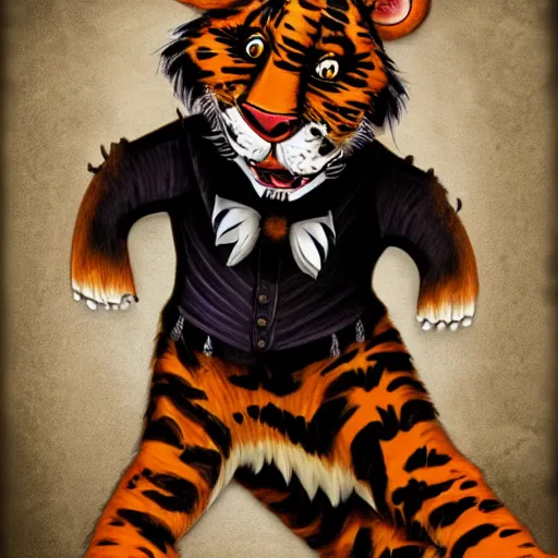 Prompt: A full-body portrait of Tony The Tiger dressed in gothic clothing and wearing eyeliner. Digital painting.