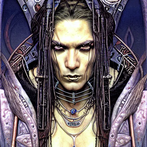 Image similar to a closeup portrait photograph of an art nouveau cyberpunk shaman by ted nasmith, luis royo and brom