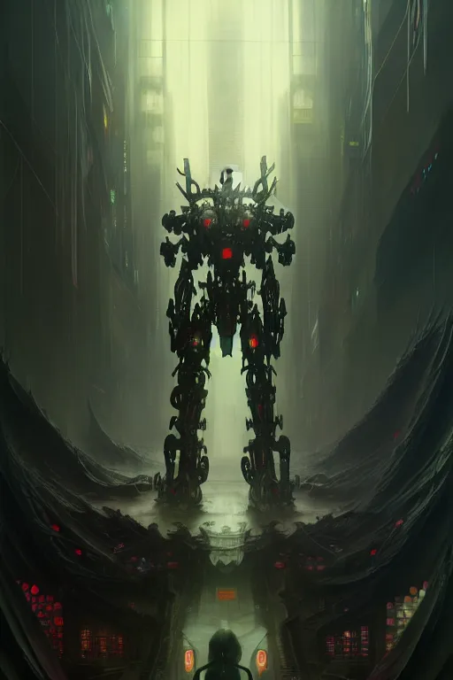 Image similar to dreamland of chinese, ghost, sharp, slender and densely arranged teeth, dystopian, cyberpunk, nanotech demonic monster horror, mecha, ominous, intricate, studio, art by anthony macbain + greg rutkowski + alphonse mucha, concept art, 4 k, sharp focus