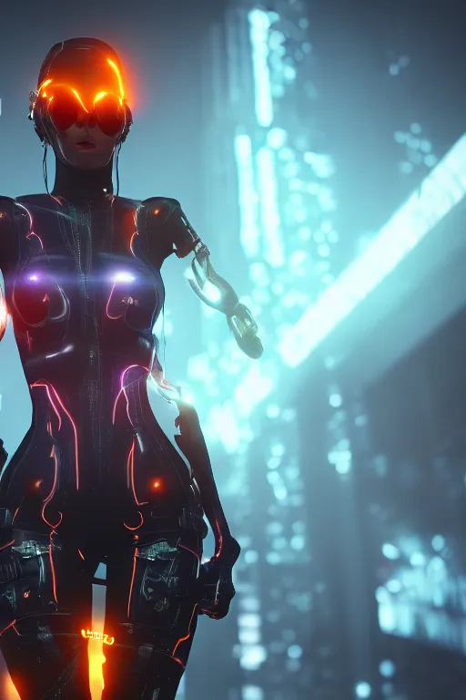 Prompt: Cyberpunk Flame Suit, beautiful woman, fantasy, photorealistic, glowing eyes, 4k, cinematic lighting, explosive