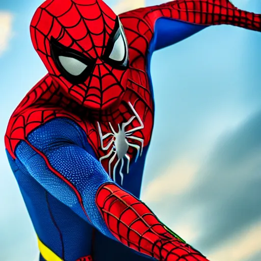 Prompt: Spiderman in a costume with blue, green, yellow, and red colors, realistic photo