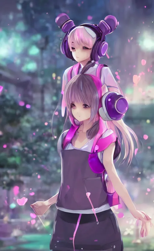 Image similar to anime girl with pink ponytail, wearing purple headphones, wearing a green sweater, with a smile on her face and her eyes closed, walking down a street, dynamic lighting, photorealistic fantasy concept art, trending on art station, very detailed, anime concept art, stunning visuals, creative, cinematic, ultra detailed