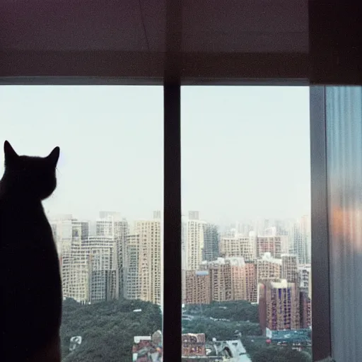 Image similar to a cat wearing a suit, looking out at a skyline from a penthouse suite, cinestill 800t,