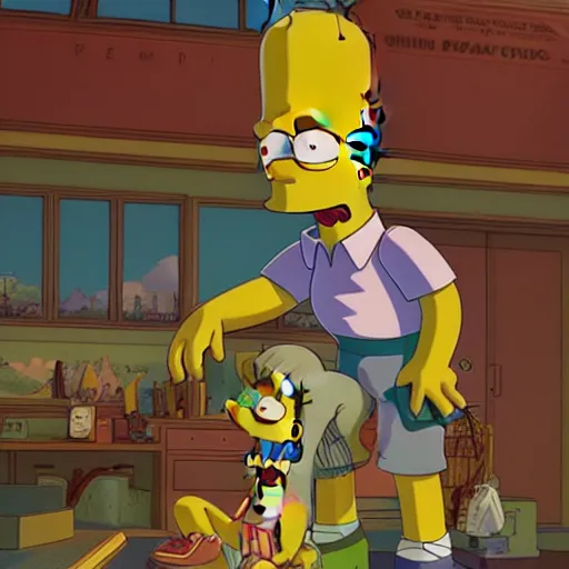 Image similar to the simpsons by sana takeda, nvidia rtx reflections, octane render 1 2 8 k resolution, extreme high intricate details, digital anime art by wlop, medium shot, mid - shot, composition by ilya kuvshinov, lighting by greg rutkowski