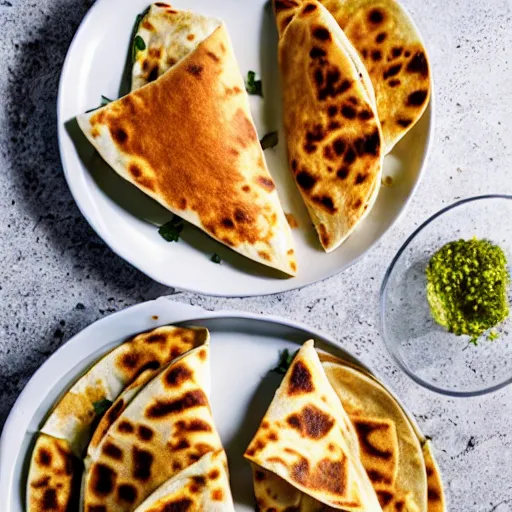 Prompt: quesadillas dipped in refried beans with fresh cheese on top