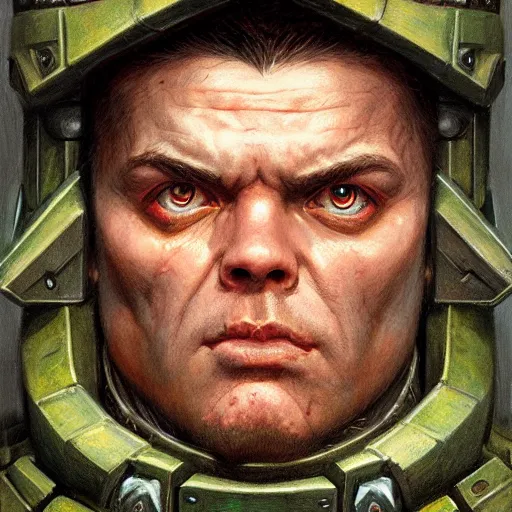 Image similar to the doomguy as a realistic d & d fantasy character, closeup portrait art by donato giancola and greg rutkowski, vintage retro, realistic face, digital art, trending on artstation, symmetry!!