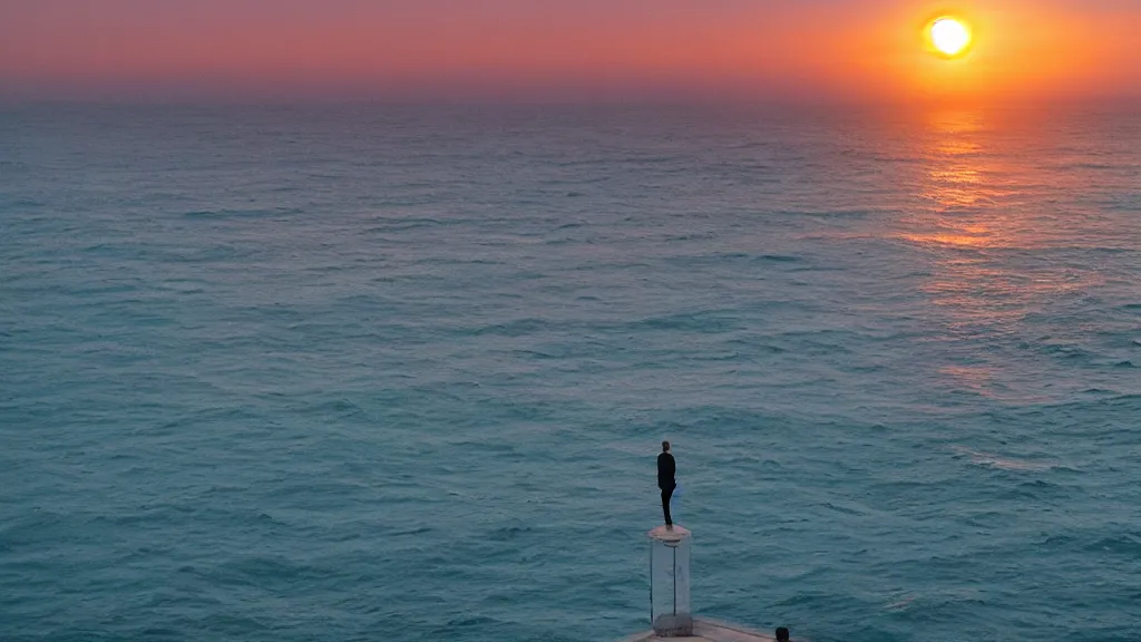 Image similar to a movie still of a man standing on the roof of a car driving through the ocean at sunset, golden hour