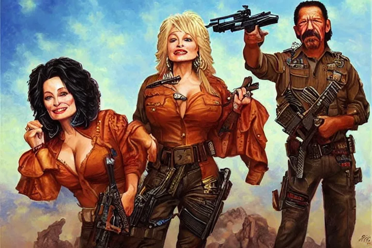 Image similar to portrait of dolly parton and danny trejo with guns fighting a drug cartel, an oil painting by ross tran and thomas kincade