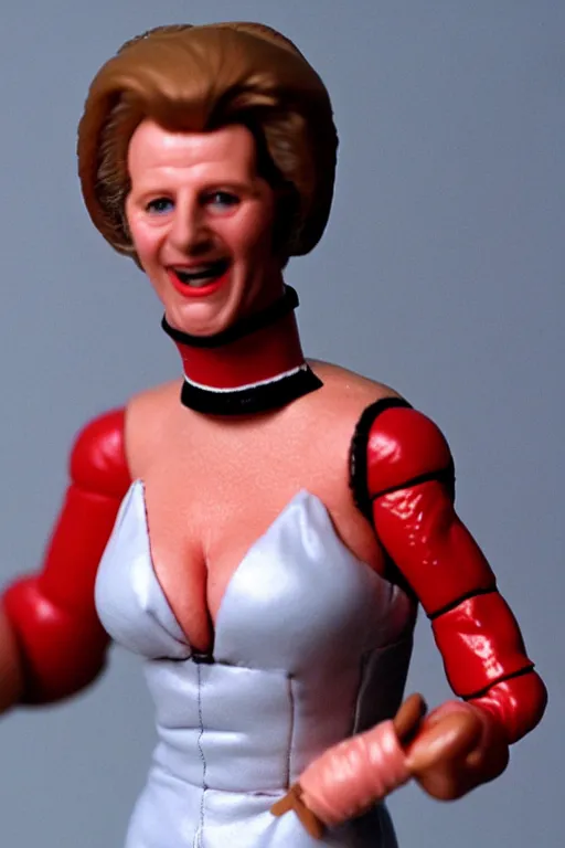 Image similar to margaret thatcher as a 1 9 8 0 s wrestling action figure