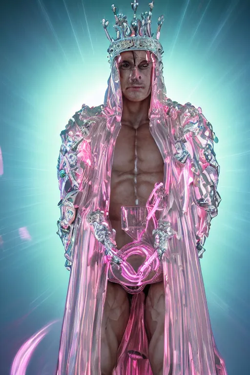 Image similar to hyper detailed ultra sharp fullbody photo of baroque and cyberpunk transparent pink ceramic sculpture of a muscular seductive muscular italian guido feeling muy cachondo, muy dotado, iridescent humanoid deity wearing pink plastic seethrough cloak, holding a rainbow tiger gem, blue diamond, glowing pink face, crown of white diamonds, cinematic lighting, photorealistic, octane render 8 k
