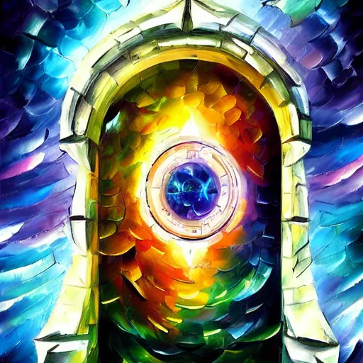 Prompt: absurd multi - dimensional portal gate cybernetic inspired by dragon skin by leonid afremov and katsuhiro