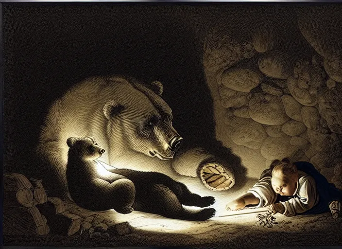 Image similar to Pieter Claesz's 'a bear and her cub sleeping in a dark cave, lit by campfire', night time, cross hatching, backlit, beautiful wooden frame, the colours of the sunset