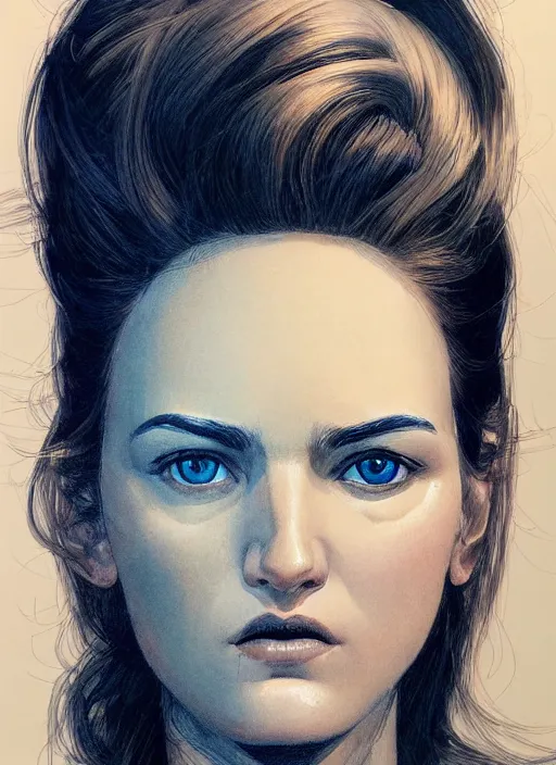 Image similar to a close up on the face of a beautiful woman in a future space suit; highly detailed; pretty blue eyes; pupils; artwork by james jean and Phil noto