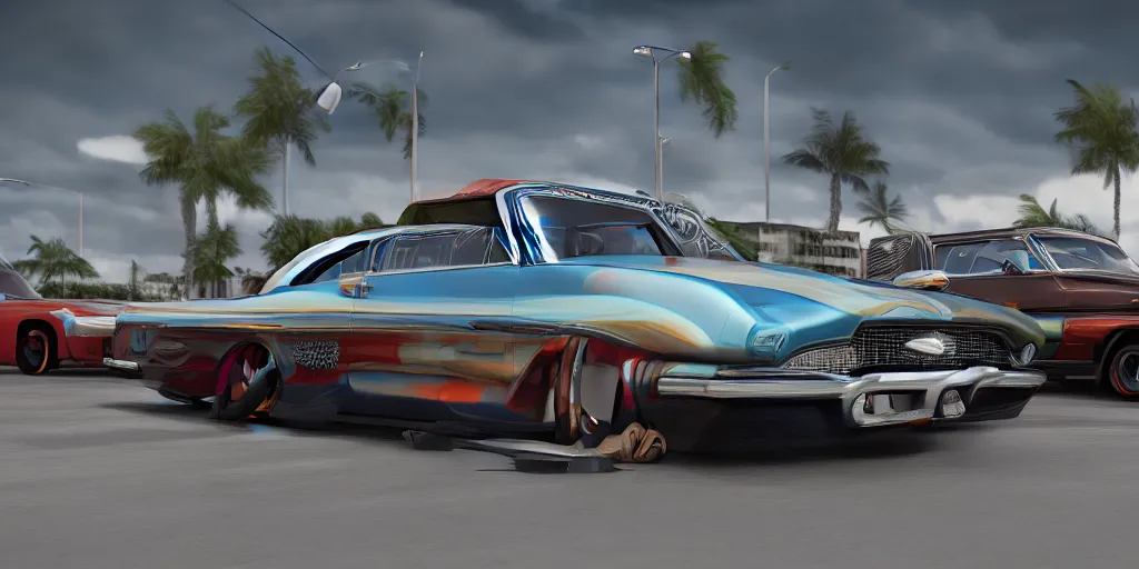 Image similar to highly detailed photo of an award winning lowrider, cruising at a car show, car bounce, air suspension, fan girls, 8 k, octane render, unreal engine, ue 5, photoshop, maya, ray tracing