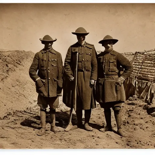 Image similar to ultra detailed photorealistic sepia - toned photo from 1 9 1 7, three clean - shaven british soldiers standing with two bedouin traders, at an archaeological dig site, ultra realistic, painted, intricate details, lovecraft, atmospheric, dark, horror, brooding, highly detailed, by clyde caldwell