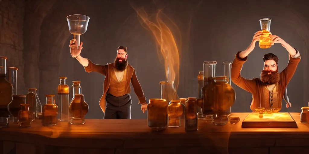Image similar to a handsome bearded caucasian male sorcerer with brown hair he is casting a spell with flowing energy, he is in a alchemist lab filled with beakers and equipment, neutral pose, epic composition, 4 k, light rays, by dave melvin 1. 0 | dan luvisi 1. 0 | jason chan 2. 5