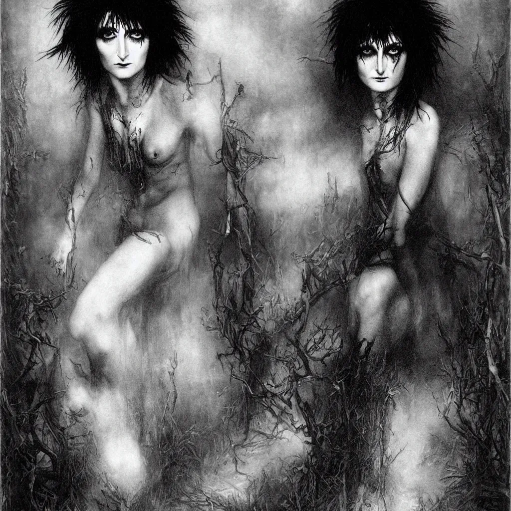 Image similar to siouxsie sioux, creepy atmosphere, dark, portrait, realistic, very realistic, illustration by gustave dore