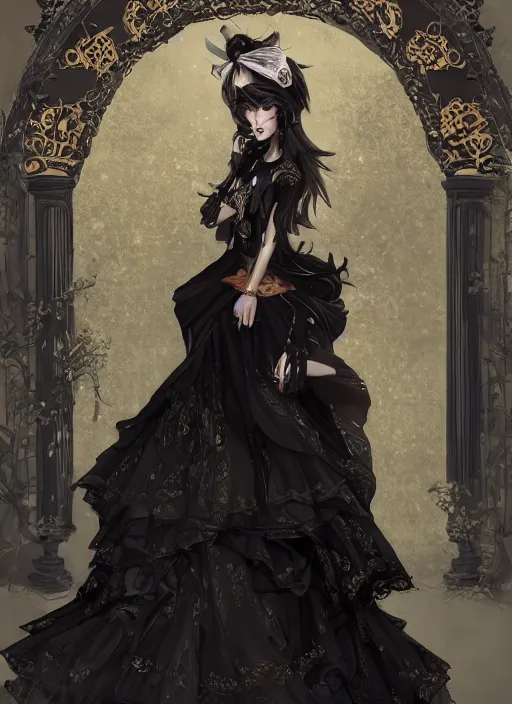 Image similar to wide angle beautiful full body portrait of a strong male anthropomorphic anthro border collie fursona wearing an ornate black dress and standing in a courtyard, character design by charlie bowater, henry asencio, and ross tran, furry art, furaffinity, beautiful, glamor pose, detailed, aesthetic, trending on artstation