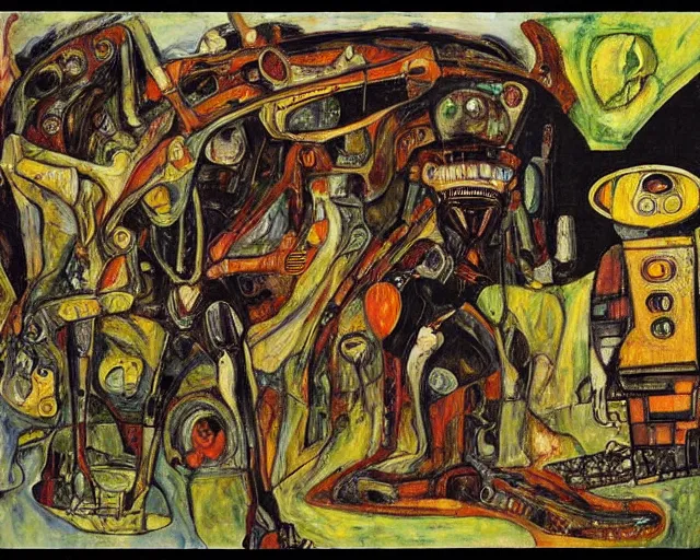 Image similar to a painting of a aliens and robots by graham sutherland, egon schiele, expressionism