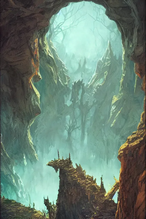 Image similar to cliff of the mire, art by paul wenzel and matt fox and j. p. targete, trending on artstation, dramatic lighting low angle view sacred geometry, oil and canvas, epic fantasy, strong colors, line drawing