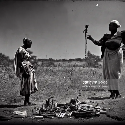 Prompt: wide angle photo of African woman inspecting laser gun ancient device, tools and junk on the ground,wires and lights, old village in the distance, vintage old photo, black and white, sepia