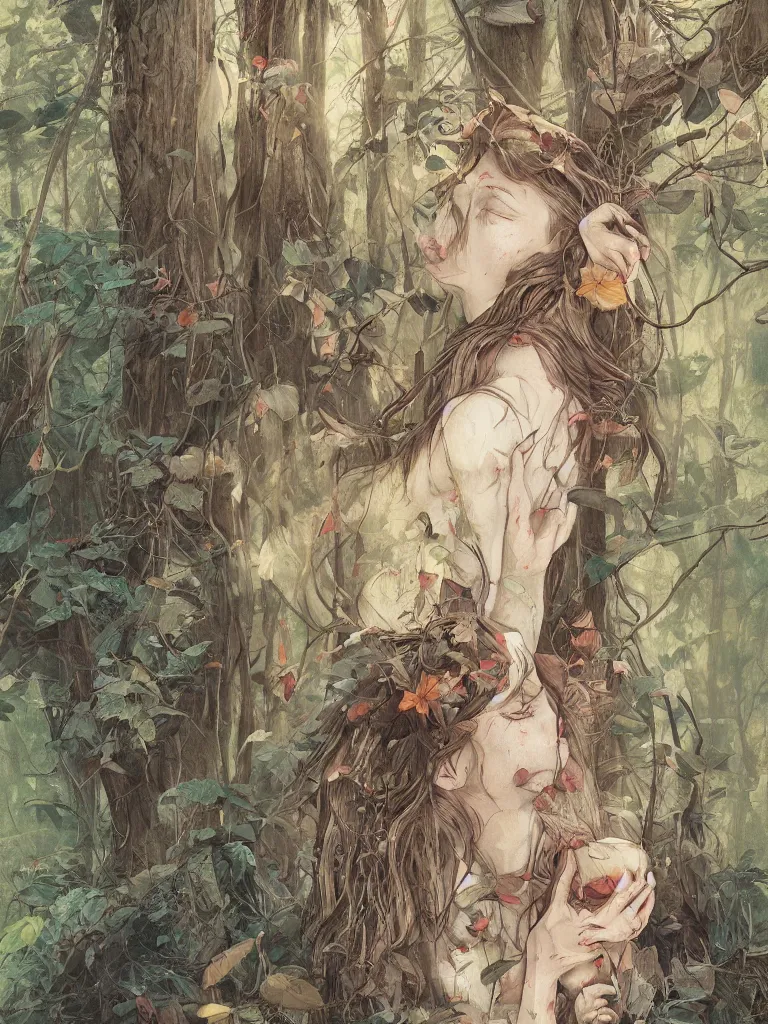 Prompt: artist james jean and sam spratt beautiful illustration of a nature - loving women in the woods, high detail, artstation, natural colors,