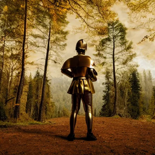 Prompt: young man in medieval golden armor staring at forest landscape ; photograph