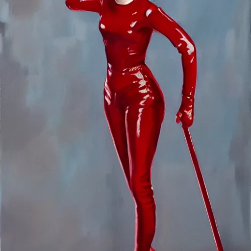 Image similar to oil painting of emma watson in slick red latex outfit, holding a riding crop. safe for work!