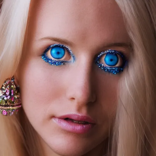 Image similar to close up headshot of a princess with long blonde hair and blue eyes wearing a strapless elaborately beaded pink dress, high resolution film still, 8k, HDR color, film by Simon Langton and David Frankel, gazing eyes, narrow V-shaped chin