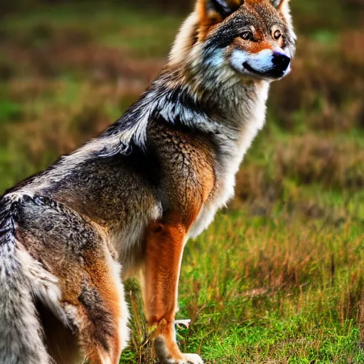 Prompt: professional photograph of a eurasian tibetan wolf, high quality, hd, 8 k, 4 k, magnificent, award - winning, nature, nature photography, awe - inspiring, highly detailed, amazing