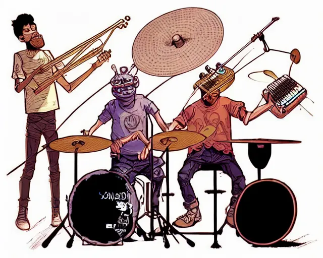 Image similar to a study of cell shaded cartoon of a two man band playing a microKorg synthesizer and drums, subtle colors, post grunge, concept art by josan gonzales and wlop, by james jean, Victo ngai, David Rubín, Mike Mignola, Laurie Greasley, highly detailed, sharp focus, Trending on Artstation, HQ, deviantart, art by artgem