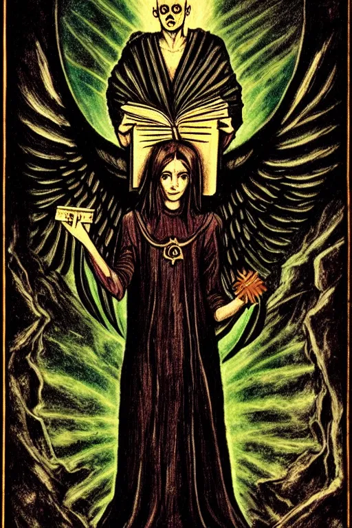 Image similar to dark angel holding a book of necronomicon, tarot card, illustration by aleister crowley, symmetrical, cinematic, sharp focus, 4 k, ultra hd, sense of awe, sinister demonic atmosphere, dreadful, forbidden knowledge, old gods. demonology