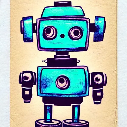 Image similar to a cute robot puppy!!!. ( ( ( alcohol ink on parchment, muted colors, shading, detailed, textured parchment background, 1 9 5 0 s concept art ) ) )