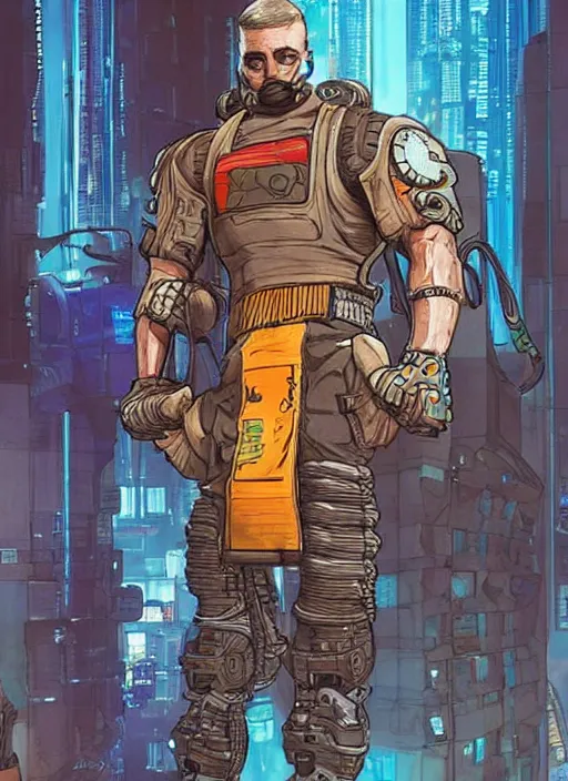 Image similar to apex legends cyberpunk weight lifter. concept art by james gurney and mœbius. cinematic, dramatic lighting ( cyberpunk 2 0 7 7 )