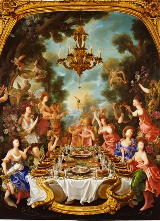 Image similar to a rococo painting of aliens eating at a banquet, dramatic painting, symmetrical composition, ornate, high detail, blooming, lights, flowers,