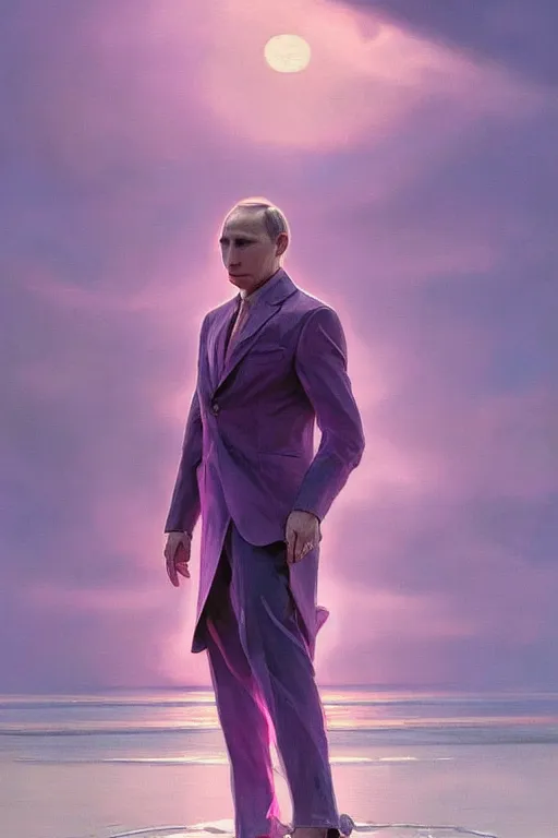 Image similar to vladimir putin luxury clothes in the beach purple sun, pink lighting ultra realistic photorealistic highly detailed high quality, a stunningly, digital painting, artstation, concept art, smooth, sharp focus, illustration, art by artgerm and greg rutkowski and alphonse mucha 8 k